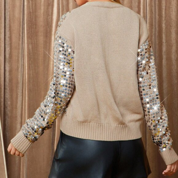 Apricot Elegant Casual Women's V-Neck Sequin Cardigan Sweater - Picture 2 of 9